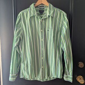 American Eagle Vintage Slim Fit Striped Button Down Shirt Green Blue Men's Sz L